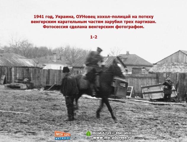 1941 год, Украина, ОУНовец хохол-полицай на потеху венгерским карательным частям зарубил трех партизан.