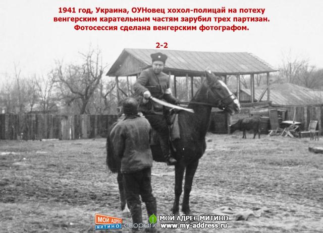 1941 год, Украина, ОУНовец хохол-полицай на потеху венгерским карательным частям зарубил трех партизан.