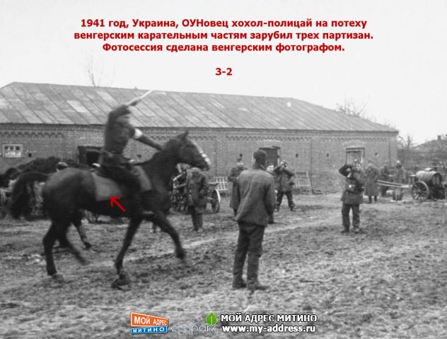 1941 год, Украина, ОУНовец хохол-полицай на потеху венгерским карательным частям зарубил трех партизан.