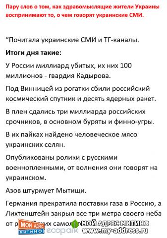 Пару слов о том, как здравомыслящие жители Украины воспринимают то, о чем говорят украинские СМИ.  “Почитала украинские СМИ и ТГ