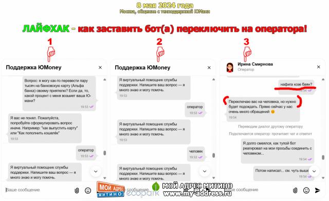 ЛАЙФХАК - как заставить бот(а) переключить на оператора! 8 мая 2024 года, Москва, общение с техподдержкой ЮМани