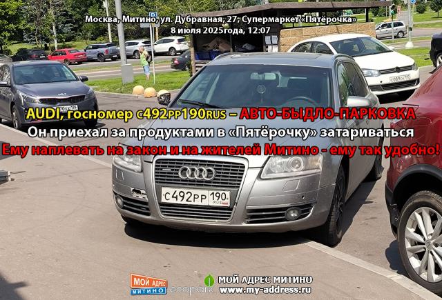 AUDI, госномер С492РР190RUS – АВТО-БЫДЛО-ПАРКОВКА. Он приехал за продуктами в «Пятёрочку» затариваться. Ему наплевать на закон!
