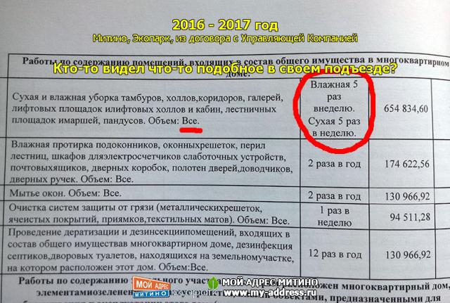 Митино, Экопарк, из договора с Управляющей Компанией - Кто-то видел что-то подобное в своем подъезде? 2016 - 2017 год