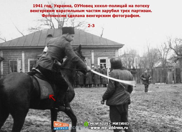 1941 год, Украина, ОУНовец хохол-полицай на потеху венгерским карательным частям зарубил трех партизан.